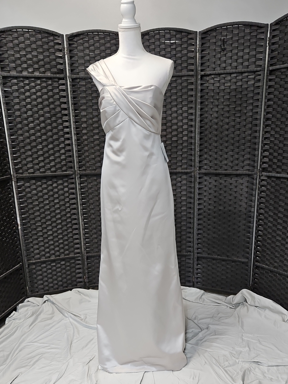 After Six One-Shoulder White Satin Evening Dress